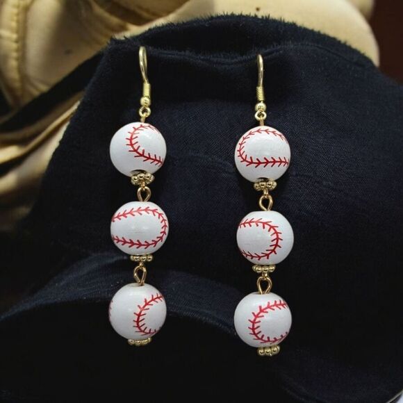 Baseball Charm Earrings Women's Round Wood Dangle Hook Jewelry Pierced Sport Fan - Picture 2 of 5